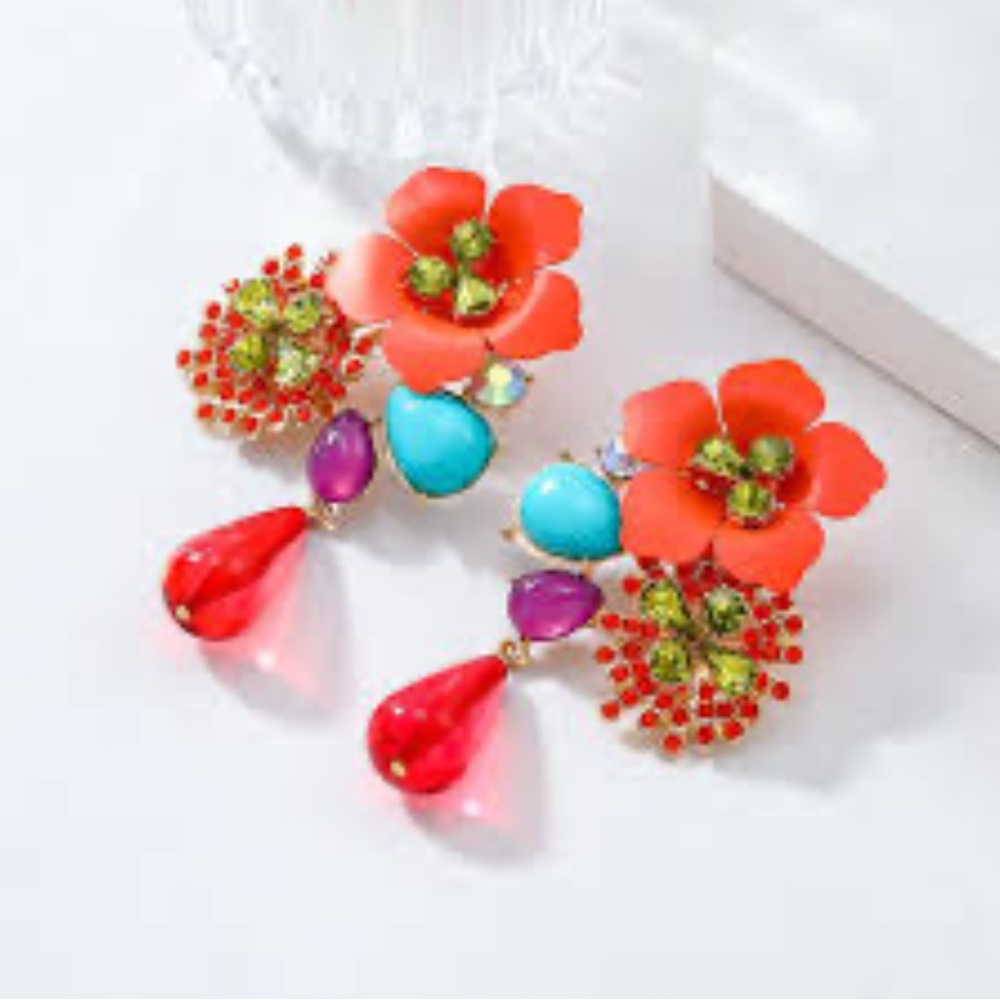 Orange Flower Statement Dangle Earrings - image 6